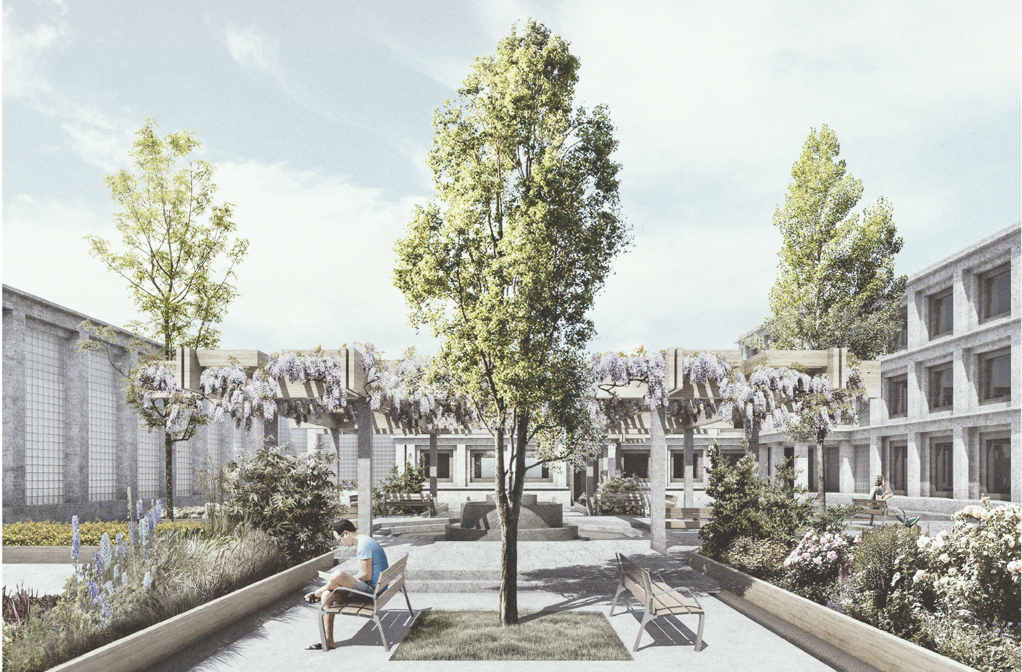 Visualisierung des begrünten Innenhofs mit Pergola, Bäumen und Sitzbereichen