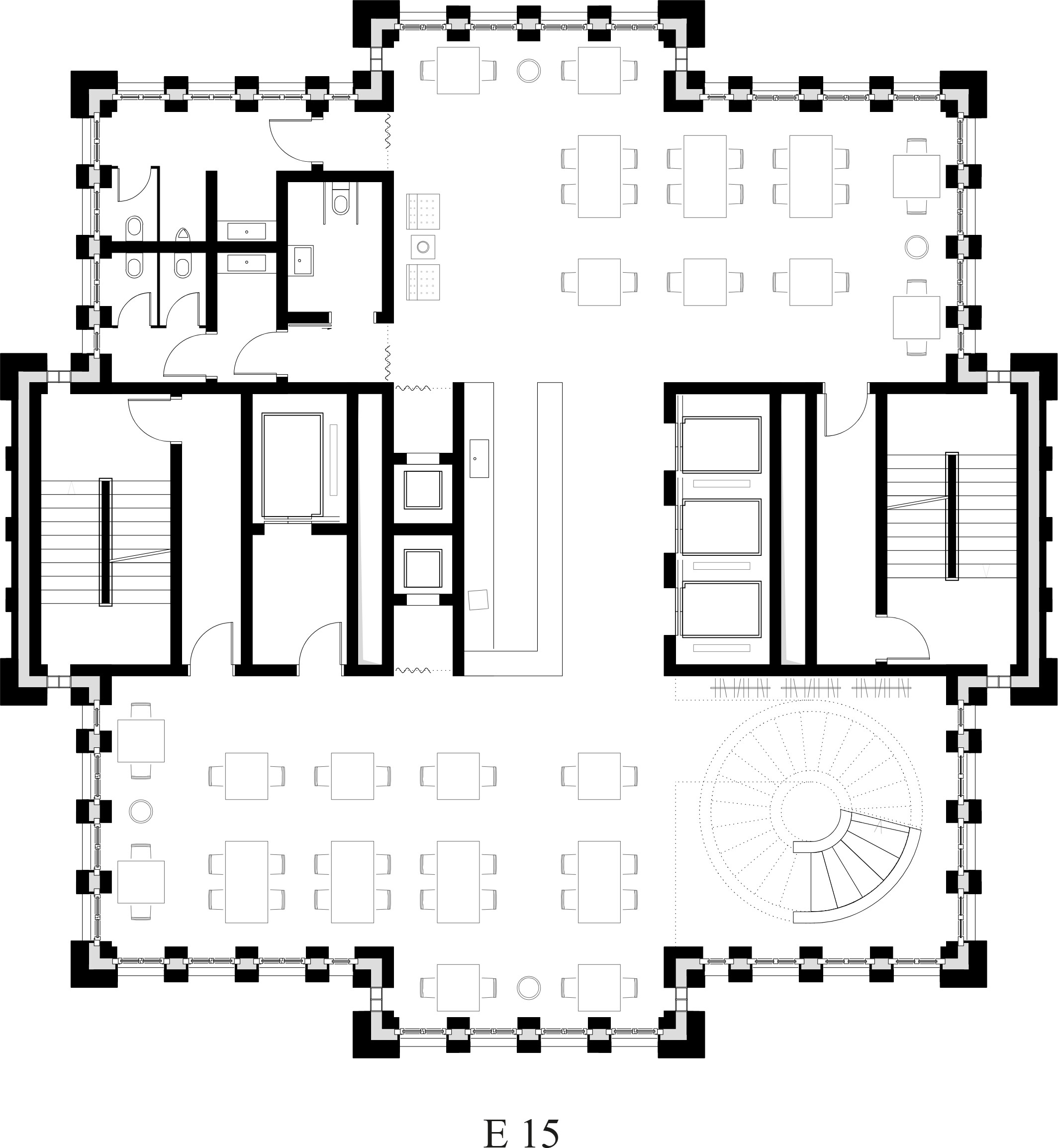 Grundriss der Panorama-Bar im Turmkopf (Ebene 15) mit Barbereich, Sitzplätzen und Wendeltreppe