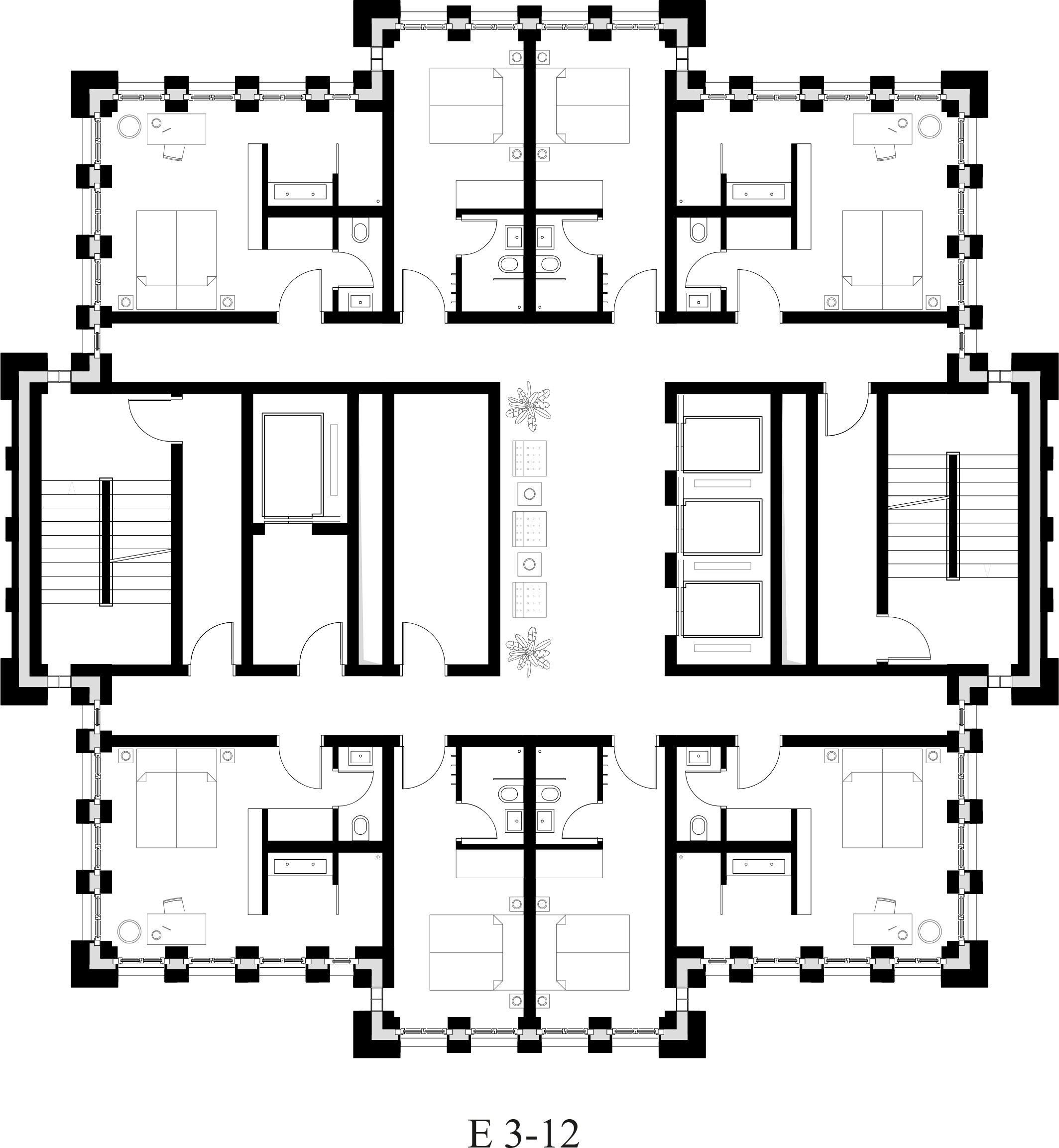 Grundriss eines Hotel-Regelgeschosses (Ebenen 3 bis 12): Gästezimmer um zwei zentrale Erschließungskerne
