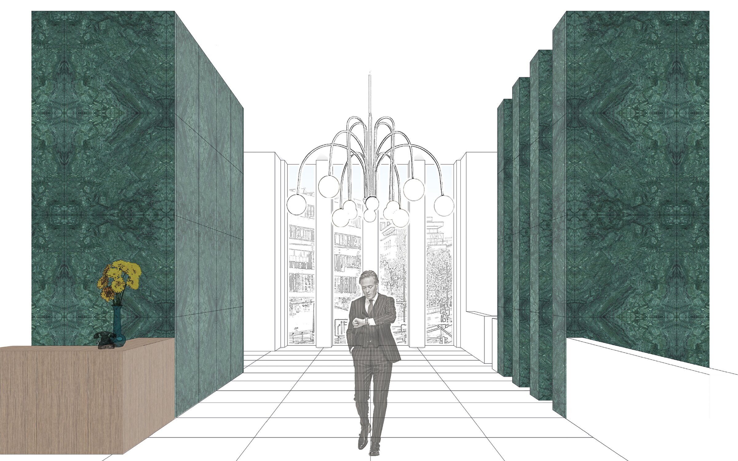 Hotel am Lindle Stuttgart – Lobby mit grünem Marmor (Visualisierung)