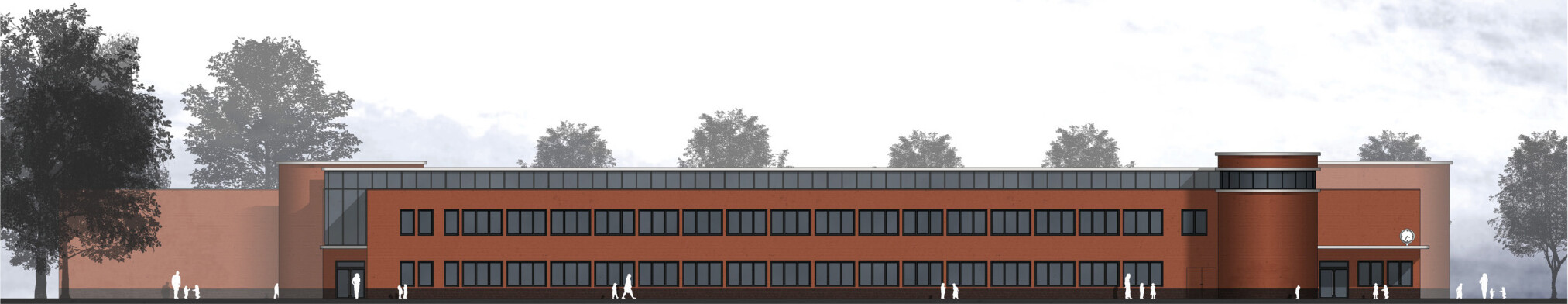 Ansicht der langen Backsteinfassade mit Fensterbändern und Turmelement