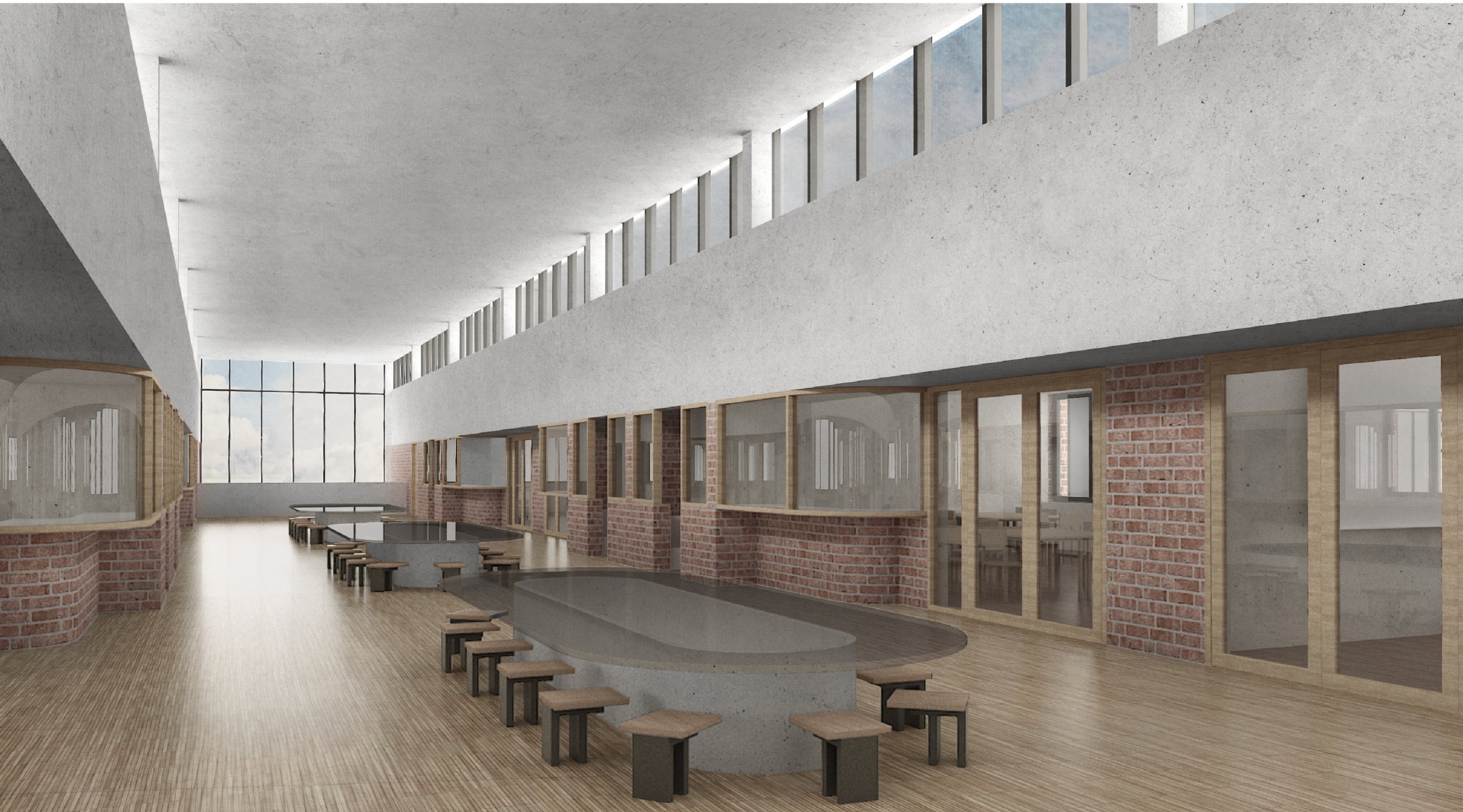 Visualisierung der Galerie im Inneren: Backstein, Beton und Holz, tageslichtdurchflutet