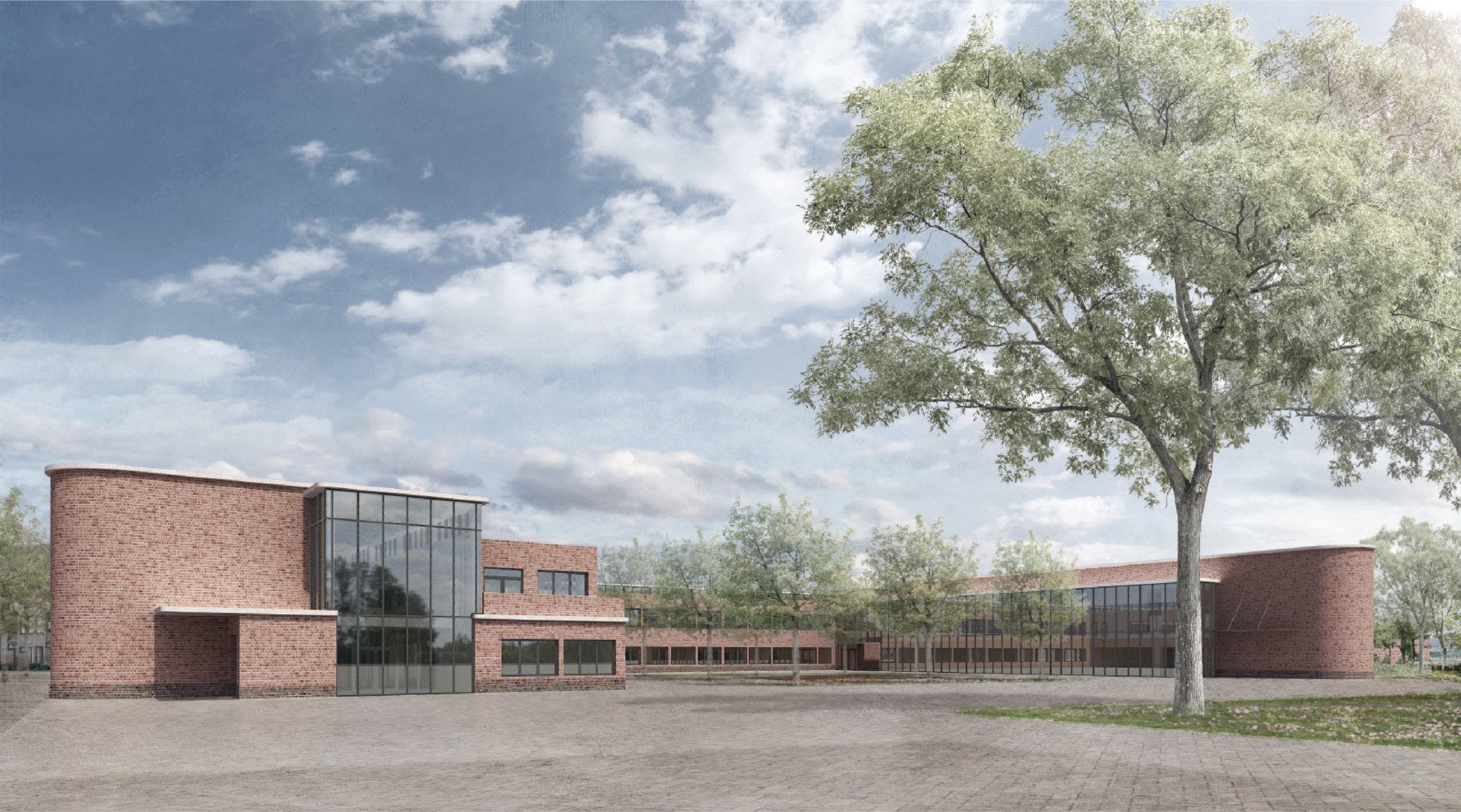 Visualisierung des Pausenhofs: Backsteinschule mit verglastem Treppenhaus, Schulhof und Baumbestand